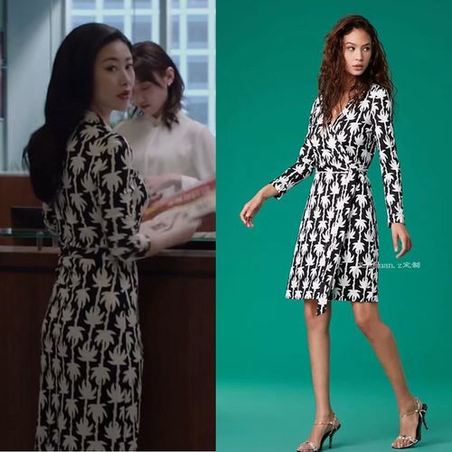 精英律师朱珠栗娜同款连衣裙春黑白印花d*f裹身裙女中长款沙滩裙