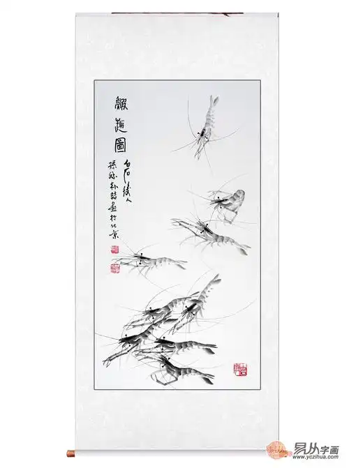 名【齐派艺术品】齐白石孙媳朴喆三尺作品《虾趣图》