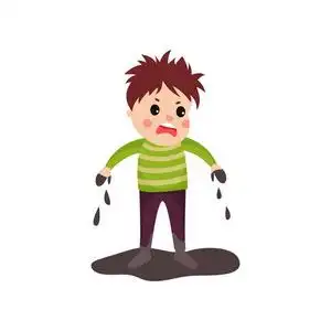 肮脏的衣裳和脏的手站立在泥水坑的哀伤的男孩卡通扁平的发怒的人在高