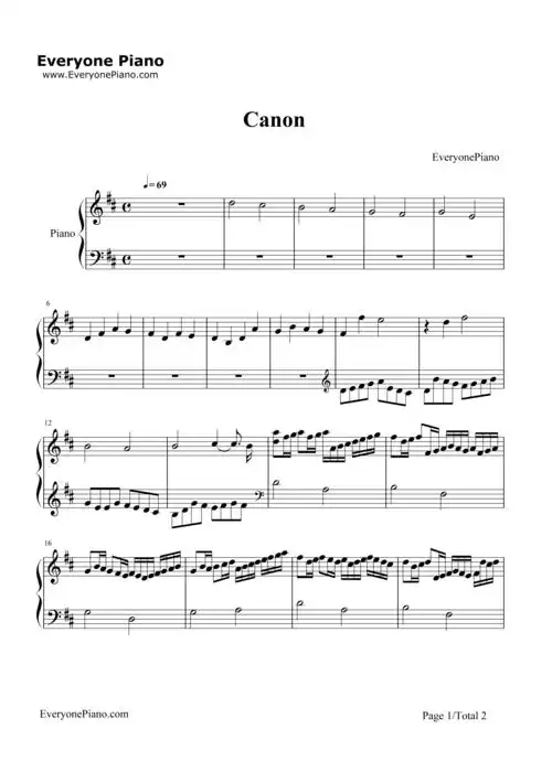 卡农d调简单版五线谱预览1-钢琴谱文件(五线谱,双手简谱,数字谱,midi