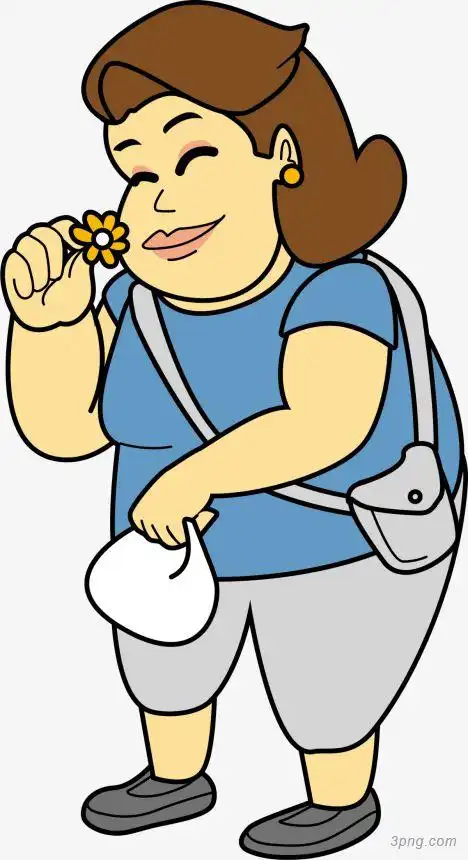 卡通蓝衣闻花胖女孩png素材透明免抠图片动植人物
