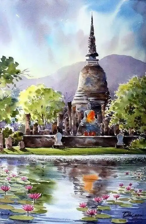 组图|泰式风情水彩建筑绘画,见识不一样的泰国