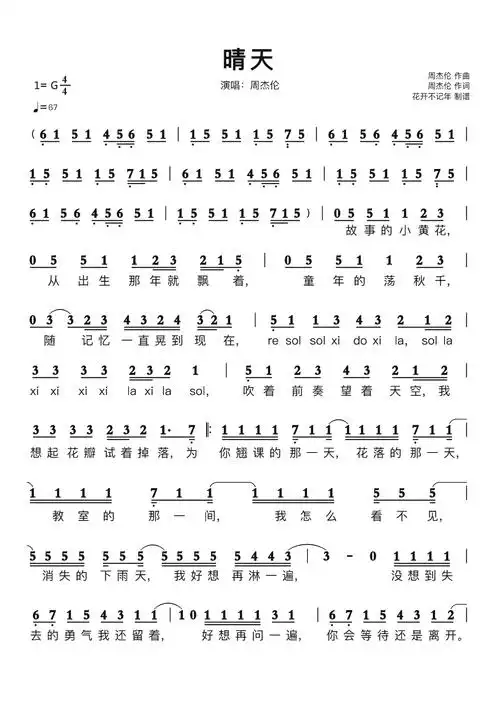 晴天简谱 演唱:周杰伦