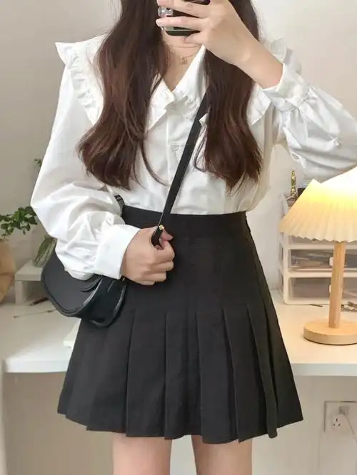 156娃娃领衬衫77百褶裙小个子夏季减龄装