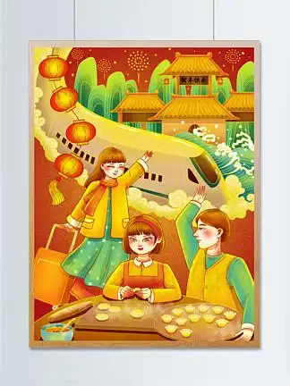 2021新年春节牛年节日海报卡通手绘线上1182112喜庆新国风年味春节