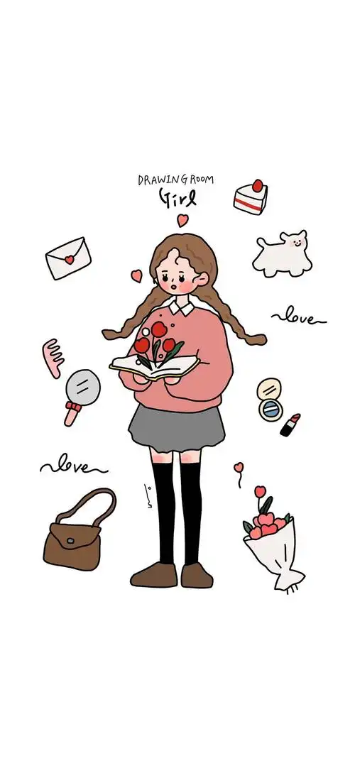 女生卡通简笔画涂鸦手绘 锁屏壁纸 小蛋糕花包包化妆品