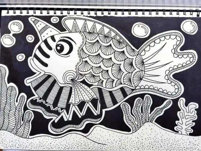 黑白线描画练手控笔简笔画海底小鱼儿童画