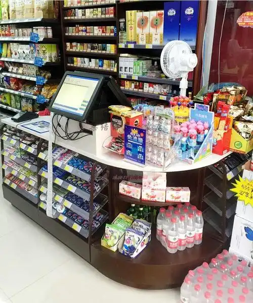 超市收银台钢制便利店药店母婴店转角收银台烟酒柜台配高低小货架