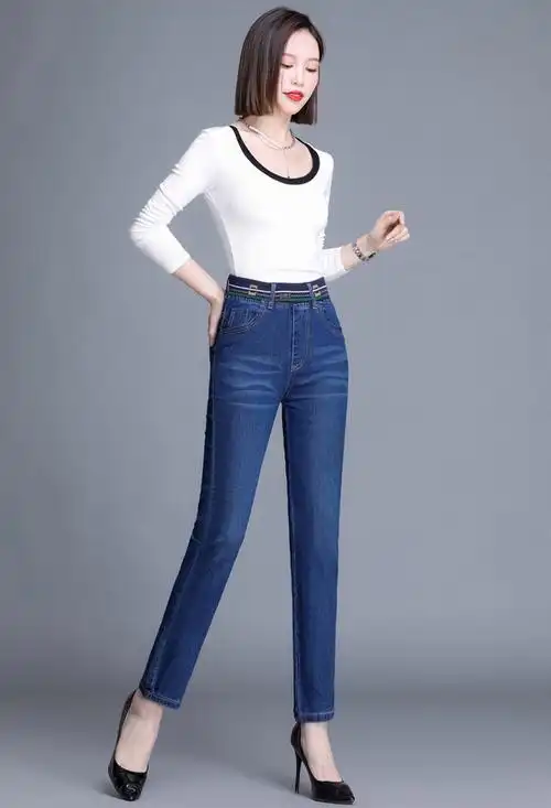 显瘦秋冬季中年妈妈牛仔长裤螺纹松紧腰深蓝11款单裤33码149斤158斤