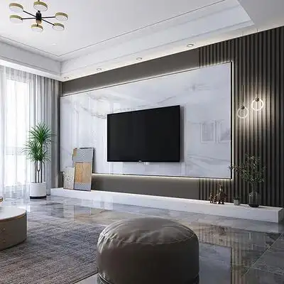 岩板悬空电视现代简约爵士白大理大理石材格栅轻奢客厅影视瓷砖背景墙