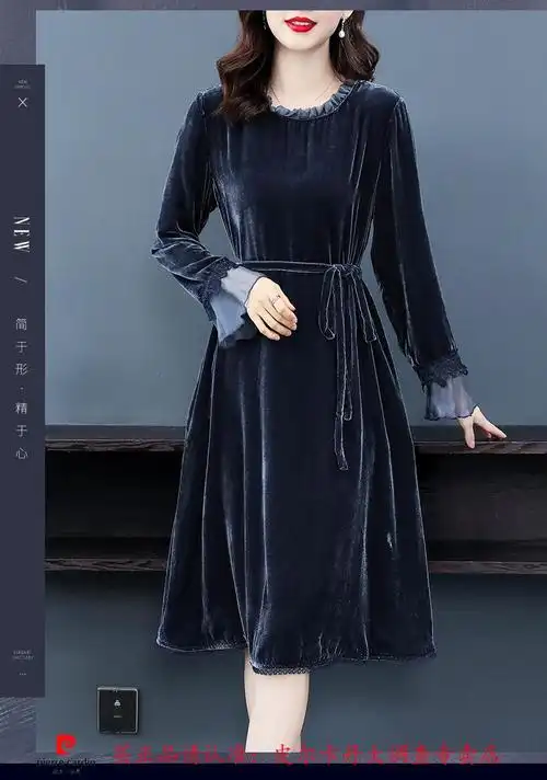 皮尔卡丹轻奢高档品牌女装高端真丝金丝绒连衣裙女2022秋冬新款收腰