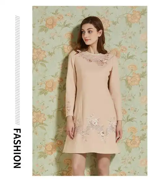 绣花钉珠蕾丝拼接长袖连衣裙女镂空中裙子女装粉红玛丽肤色l码17088a