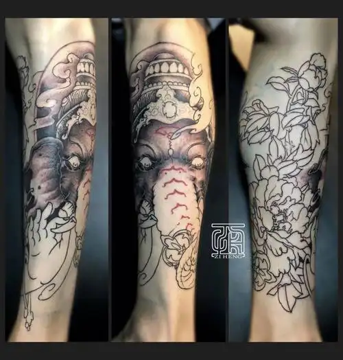 4次共16小时#遇见艺术 #疼痛:9999#传统纹身 #图案含义: 象神被