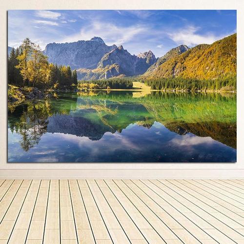 高山湖面小溪自然景色图湖泊山水画树林树木装饰海报画客厅画b698