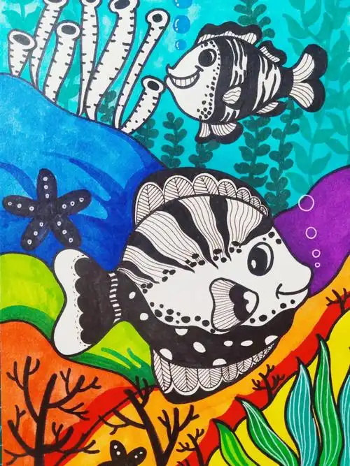 创意儿童画海底的小鱼61带步骤6146岁