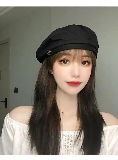 帽子假发一体长直发黑色贝雷帽百搭网红复古画家帽长发全头套式