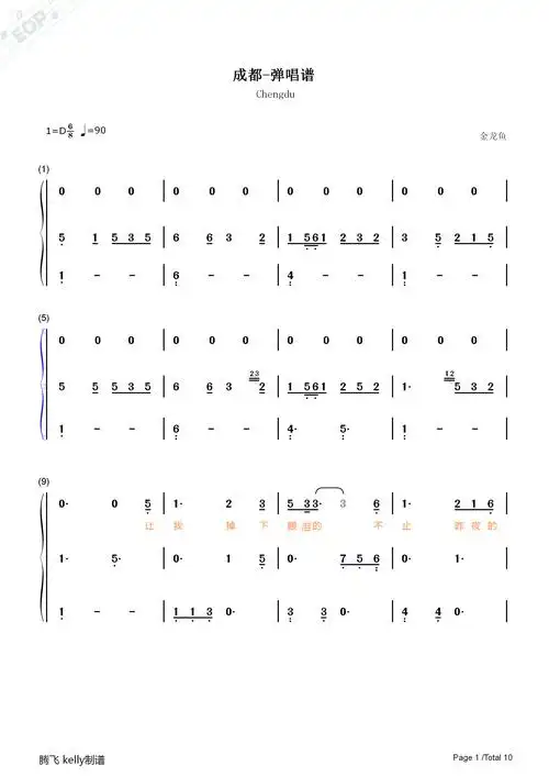 成都-弹唱版双手简谱预览1-钢琴谱文件(五线谱,双手简谱,数字谱,midi
