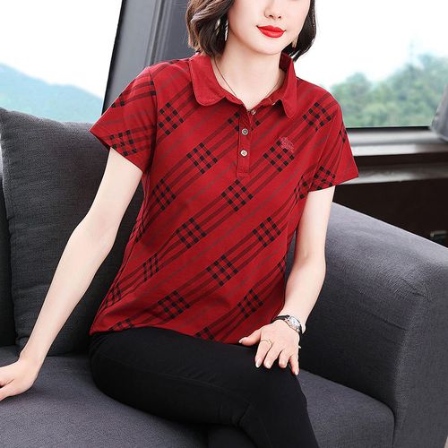 纯棉短袖上衣夏装女宽松年新款大码套头休闲妈妈装气质polo领t恤