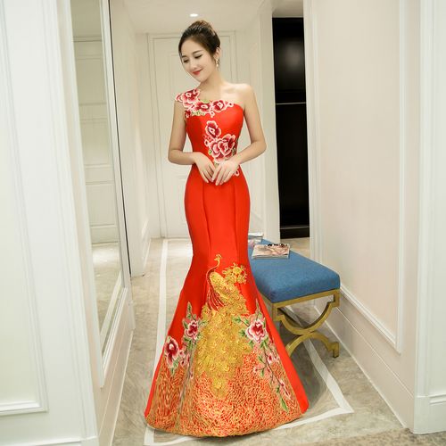 晚礼服2019新款新娘结婚敬酒服酒旗袍红色鱼尾长款性感主持人显瘦