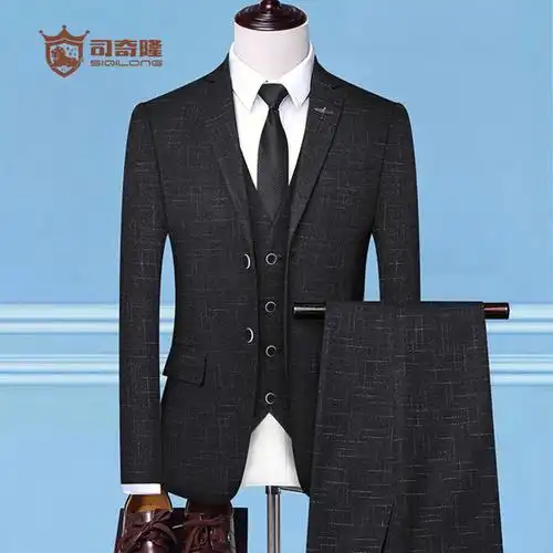 西装套装男韩版修身条纹小西服商务正装结婚礼服伴郎服男士外套