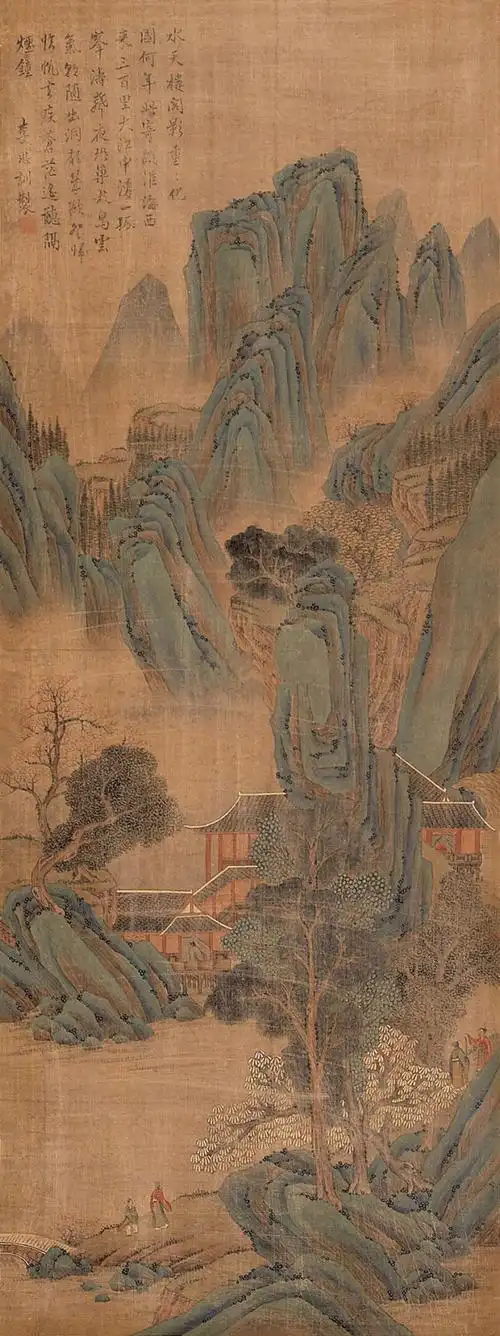 李思训擅画青绿山水,画风精丽严整,以金碧.