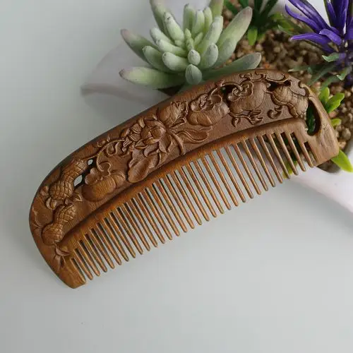 绿檀整木雕刻无柄梳子护发按摩防静电木梳工艺礼品梳厂家直销三生