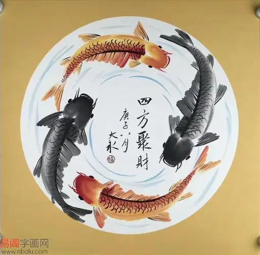 图中以四条鱼为主体,下方以白玉盘作衬托,起名为四方聚财,鱼分红墨双