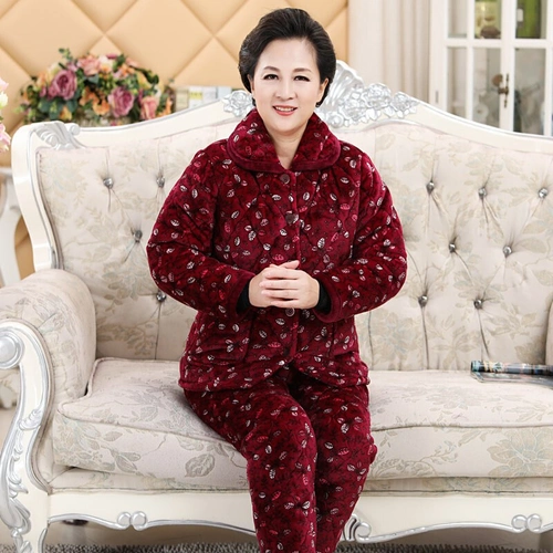 波迷娜bomina中老年人睡衣女冬装加厚纤维大码妈妈服珊瑚绒保暖套装