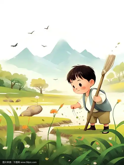 清明节小男孩在户外挖草药的插画,白色背景,色彩缤纷,卡通风格,手绘