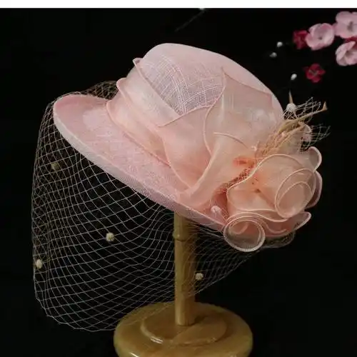 法式复古面纱亚麻纱帽女士名媛网纱礼帽卷边渔夫帽子防晒遮阳夏帽