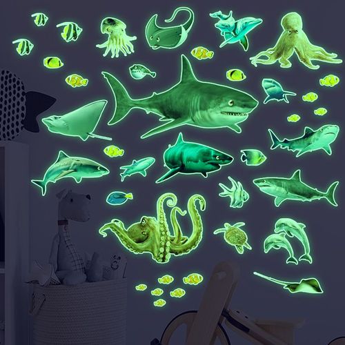 夜光贴纸儿童房绿光海底世界鲨鱼章鱼幼儿园墙上装饰荧光贴纸自粘