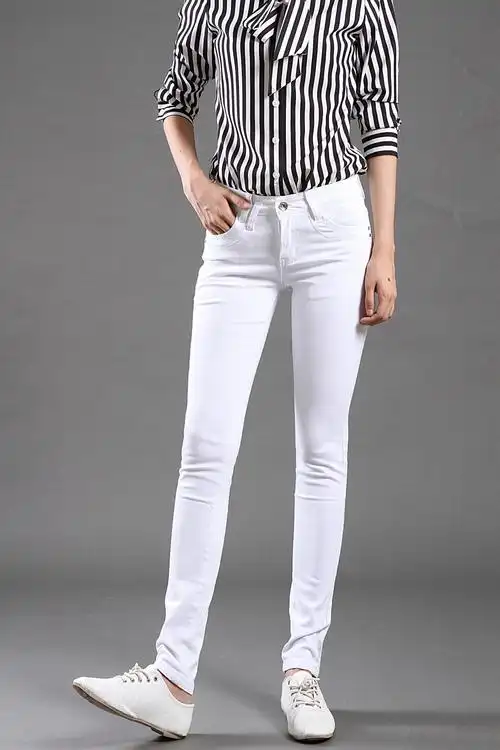 2016秋季新款白色牛仔裤长裤女 紧身弹力一粒扣小脚铅笔裤