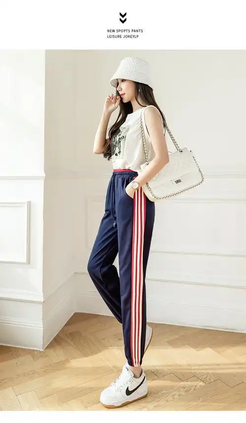 运动裤女装夏百搭新款侧边撞色条纹卫裤女设计感束脚运动休闲裤子