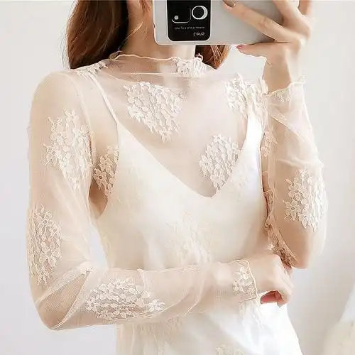 蕾丝打底衫女长袖2020新款春夏内搭白色修身蕾丝衫
