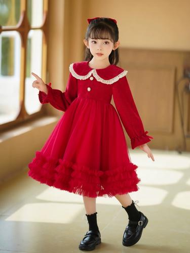 龙年女童儿童秋冬季过年女孩红色公主连身裙子新年拜年衣服装2024