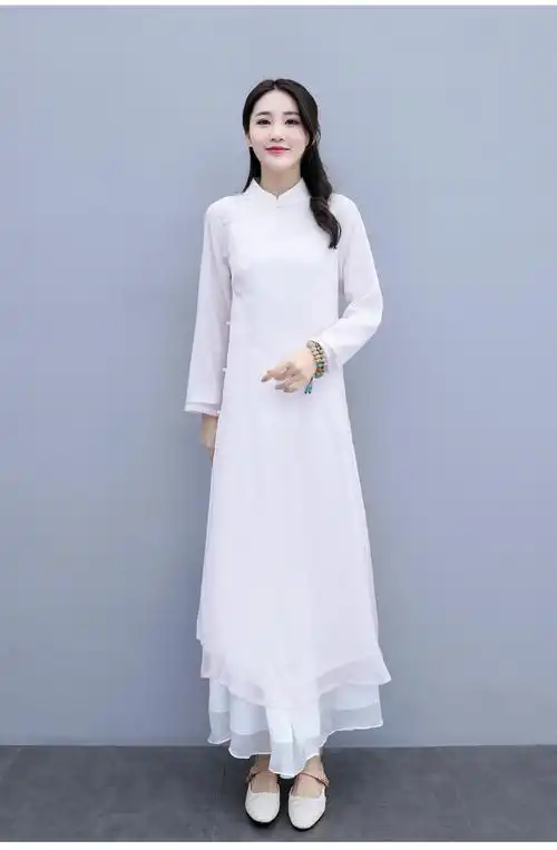 艳如飞禅服女白色中国风改良汉服旗袍连衣裙中式复古禅意茶人服三件