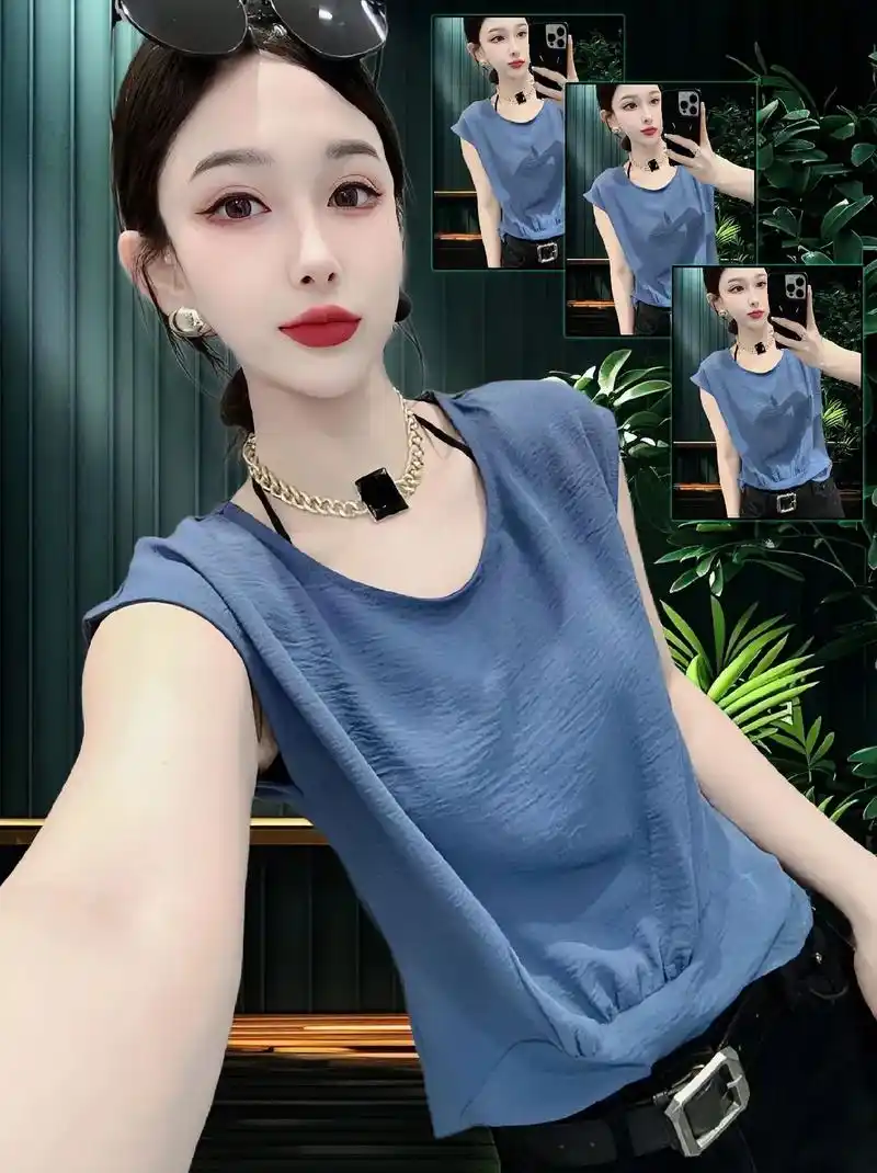 们～夏装新款百搭冰丝短袖t恤女欧货复古宽松遮肚子显瘦基础款上衣潮!