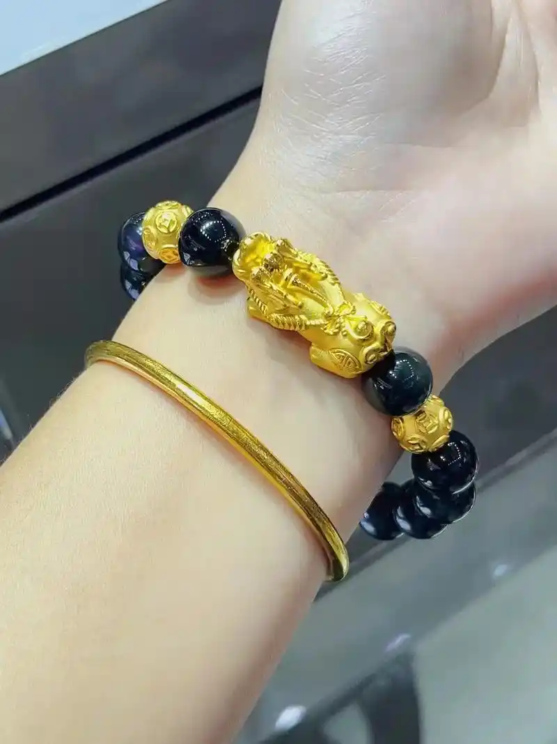 足金999貔貅钱币珠黑耀石男士手串
