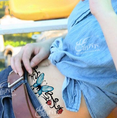 酷玩天下纹身贴 蝴蝶玫瑰藤蔓 腰腹 遮疤痕大图  防水 女纹身贴纸