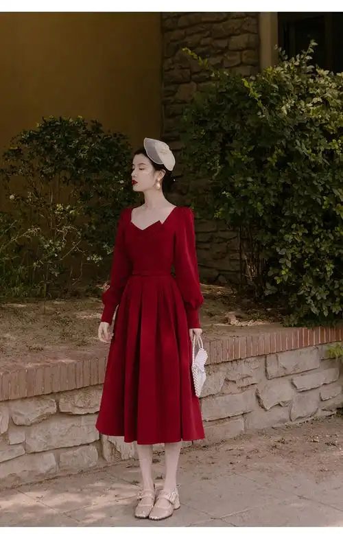 秋新款森系打低方领小众设计感小红连衣裙仙礼服显瘦法式复古 酒红色