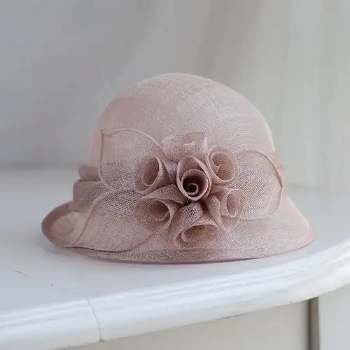 优雅麻纱帽 帽子女夏季 花朵时尚 英伦复古礼帽卷边