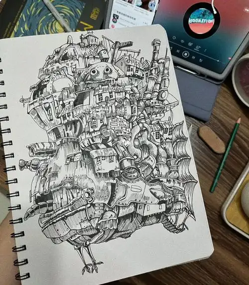 针管笔手绘临摹哈尔的移动城堡