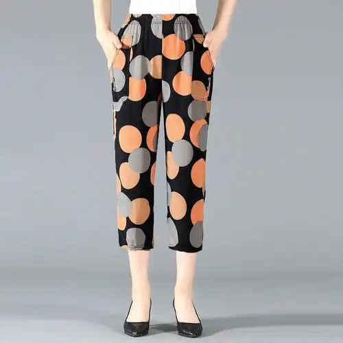 夏季中老年女裤七分裤中裤女大码妈妈花裤子女老太裤中年女裤七分