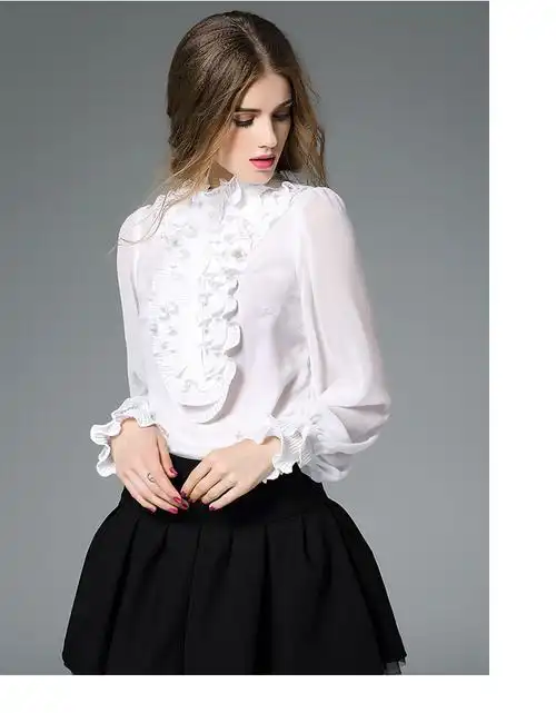 宫廷风复古衬衫女 欧货小衫原创设计感衬衣灯笼袖荷叶边真丝上衣