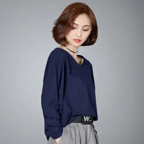 2018夏季新品宽松时尚休闲v领纯棉长袖女士职业t恤上衣16c01220
