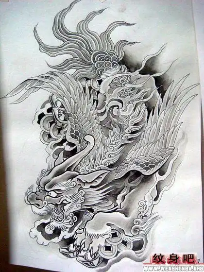 满背招财貔貅神兽纹身作品