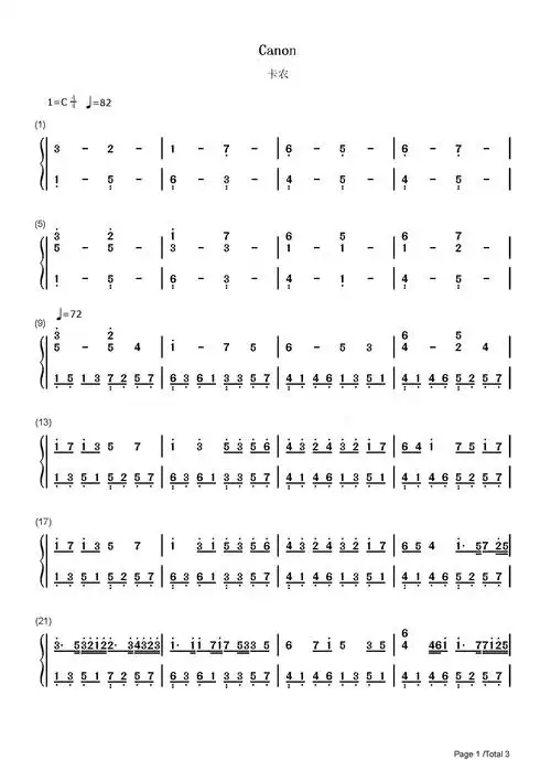 卡农钢琴谱帕海贝尔c调流行钢琴简谱