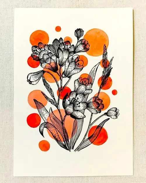 线描装饰画,黑白的线描花卉加一点明亮色彩,画面独特又好看!