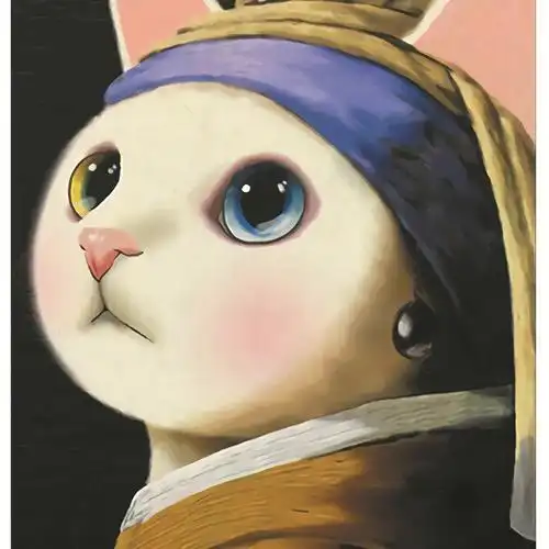 四只猫咪跑得快珍珠耳环蒙娜丽莎世界名画猫手绘明信片贺卡文创