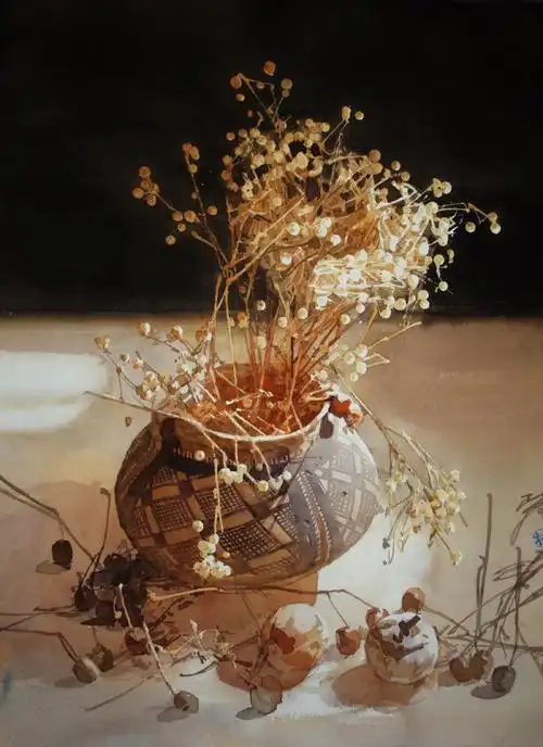 【水彩画】杜拙《干花与陶罐》